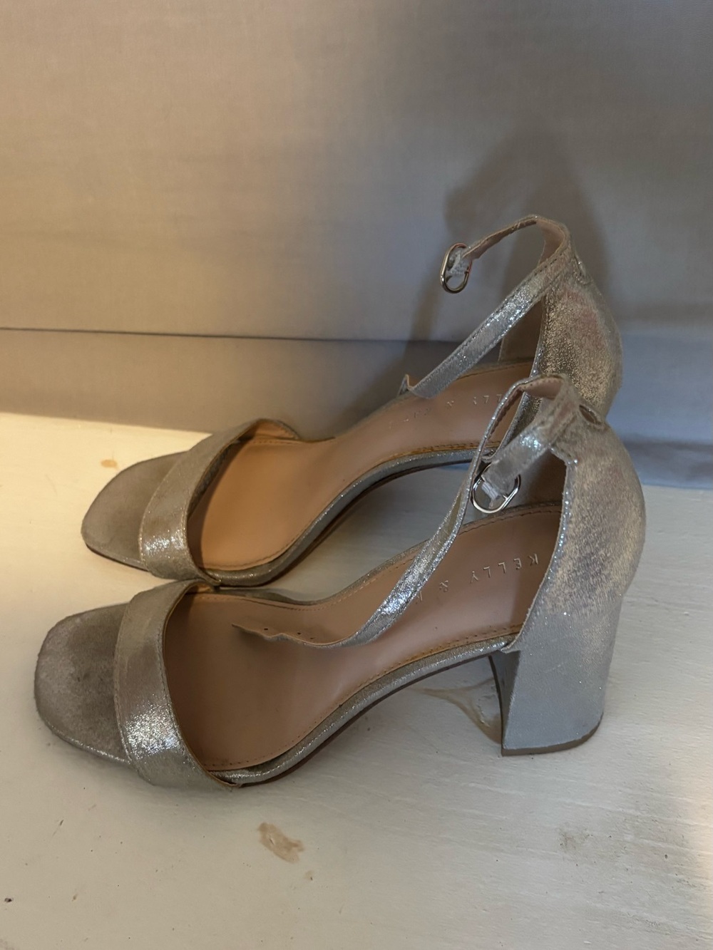 Kelly & Katie Shimmery Silver Ankle-Strap Block Heels